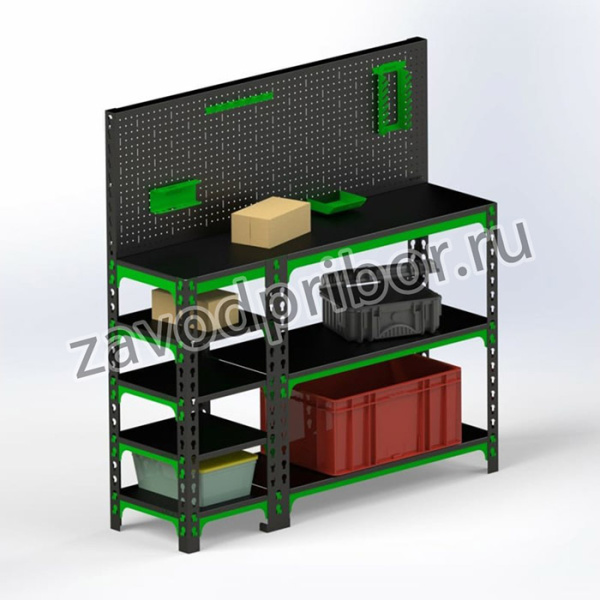 Стол-верстак 950x1400x400 мм, с боковыми полками, перфопанелью и комплектом аксессуаров SVBPPRIA951440