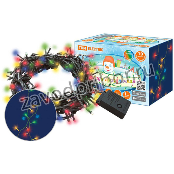 Гирлянда светодиодная СГ100MЗ10, многоцвет., зеленый шнур, 10м, 8 режимов, 250 В, TDM