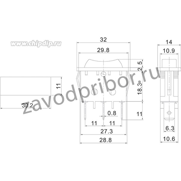 36-2220, Переключатель клавишный 250V 15А (3с) ON-OFF-ON черный с нейтралью (RWB-411, SC-791)