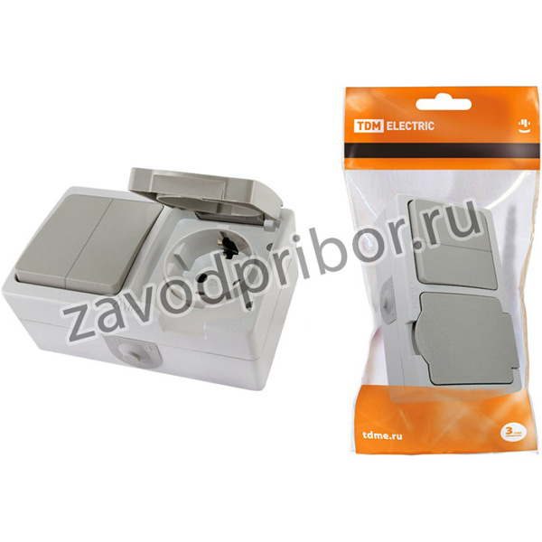 Блок (горизонтальный) выключатель 2-кл. + розетка 2П+З с з/ш БКВР IP54 серый "Вуокса" TDM