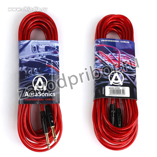 AuraSonics J63J63-10TRD гитарный кабель Jack TS 6.3мм - Jack TS 6.3мм 10м, прозрачный красный
