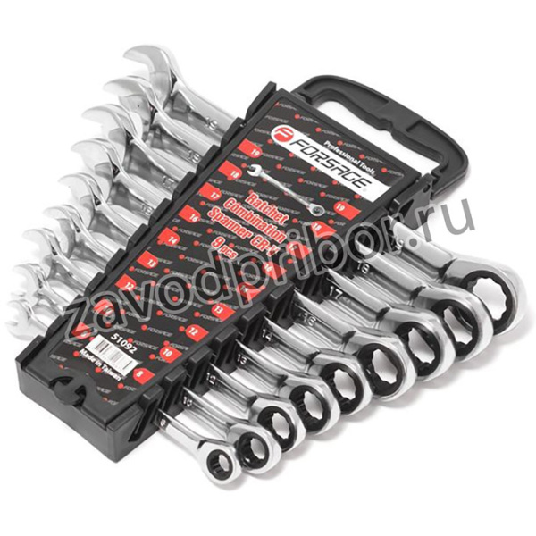 F-51092, Набор ключей комбинированных трещоточных, 9 пр: 8, 10, 12, 13, 14, 16, 17, 18, 19 мм, в пластиковом