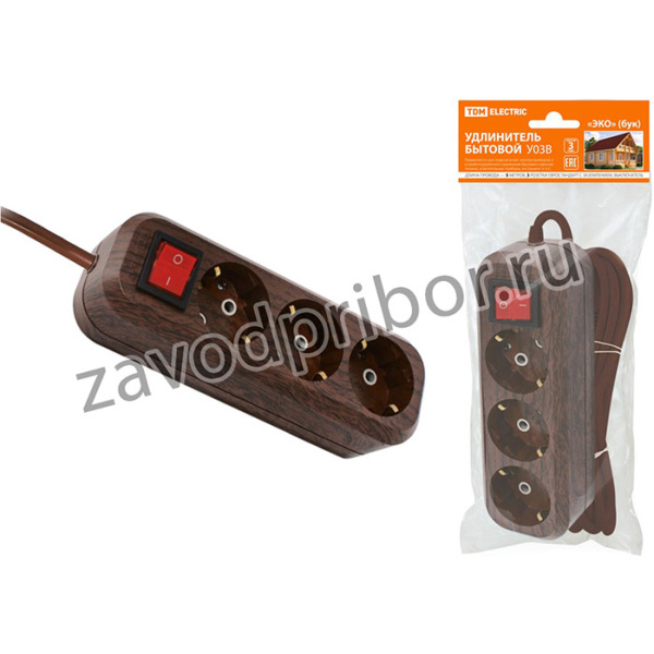 Удлинитель бытовой У03В выключатель, 3 гнезда, 5метров,2П+3, ПВС 3х1мм2 "Эко" (бук) 16А/250В TDM