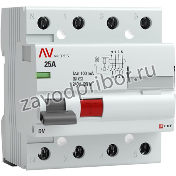 Устройство защитного отключения DV, 4P, 25А/100мА, S AVERES, SQ rccb-4-25-100-s-av