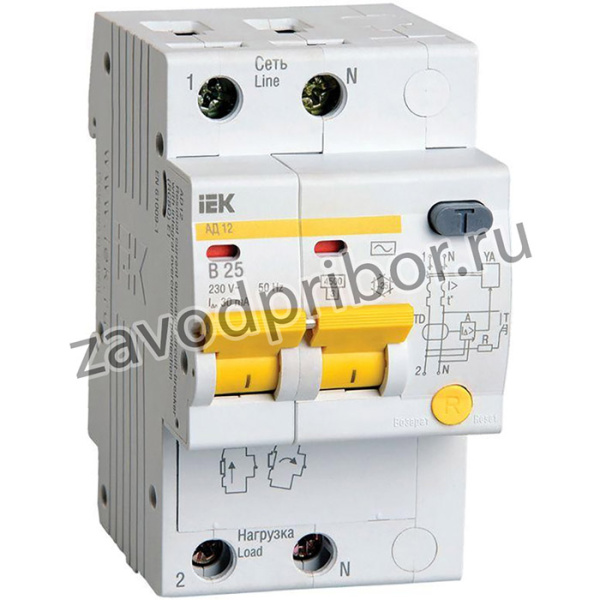 Выключатель автоматический дифференциального тока 2п B 25А 30мА тип AC 4.5кА АД-12 IEK MAD10-2-025-B-030