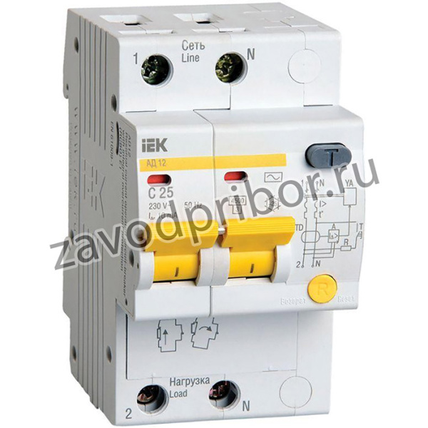 Выключатель автоматический дифференциального тока 2п C 25А 10мА тип AC 4.5кА АД-12 IEK MAD10-2-025-C-010