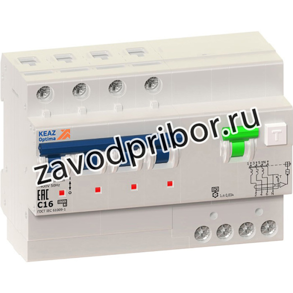 Выключатель автоматический дифференциального тока 4п C 10А 30мА тип A 6кА OptiDin VD63 УХЛ4 КЭАЗ 103475