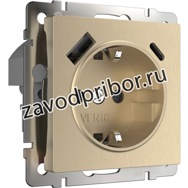 W1171710/ Розетка с заземлением, шторками и USB тип A+C (шампань рифленый )