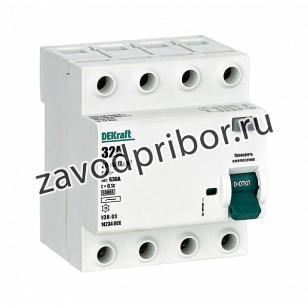 Выключатель дифференциального тока (УЗО) 4п 32А 30мА тип AC 6кА УЗО-03 DEKraft 14234DEK