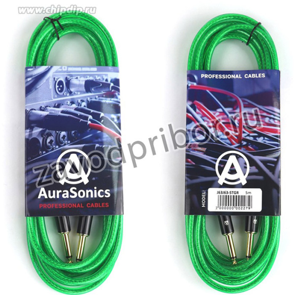 AuraSonics J63J63-5TGR гитарный кабель Jack TS 6.3мм - Jack TS 6.3мм 5м, прозрачный зеленый