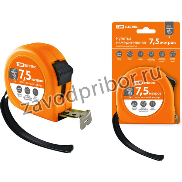 Рулетка, длина 7.5 м, стальная лента, ширина 25 мм, пластиковый корпус, "Гранит" TDM