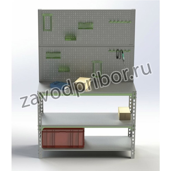 Стол-верстак 950x1400x500 (две полки) + двойная перфопанель с комплектом аксессуаров SVPIIPRIIA951450