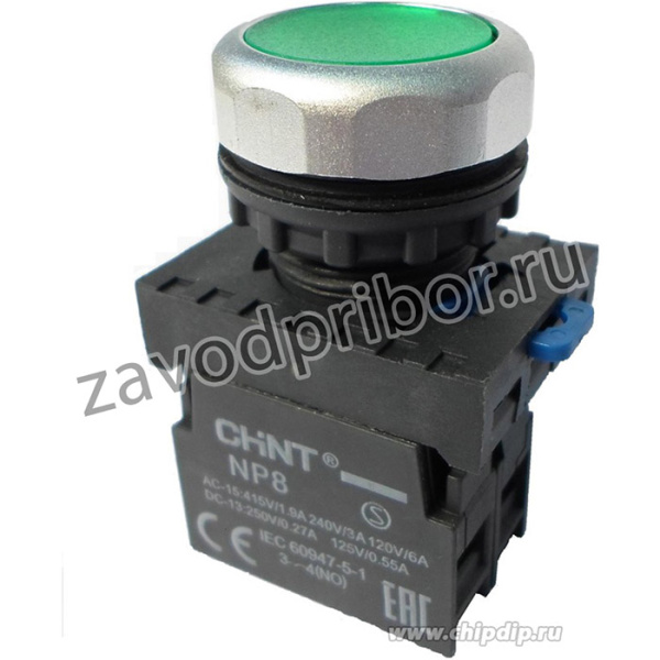 NP8-10BND/3 110-230VAC, Кнопка без фиксации зеленая с подсветкой OFF-(ON)