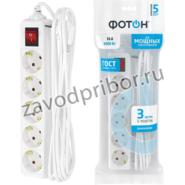 Удлинитель сетевой 16-35ЕS, 3м, 5 розеток, 16А, с выкл., с заземл., Белый 21208