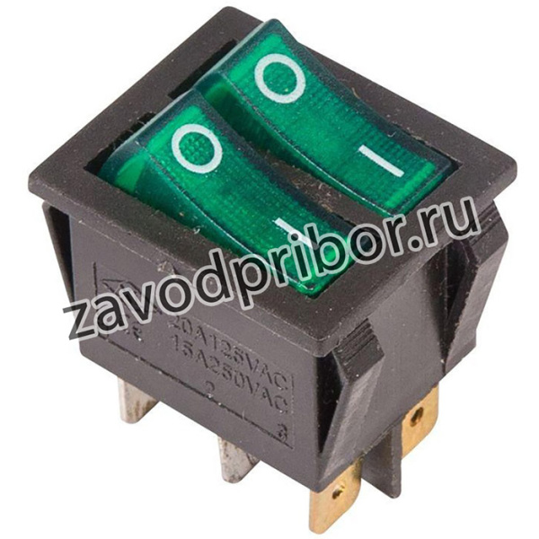 Выключатель клавишный 250В 15А (6с) ON-OFF зел. с подсветкой ДВОЙНОЙ (RWB-511 SC-797) Rexant 36-2412