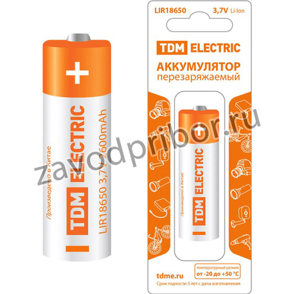 Аккумулятор LIR18650 3,7 В 2600 мА*ч Li-Ion, с защитой, BP-1, TDM