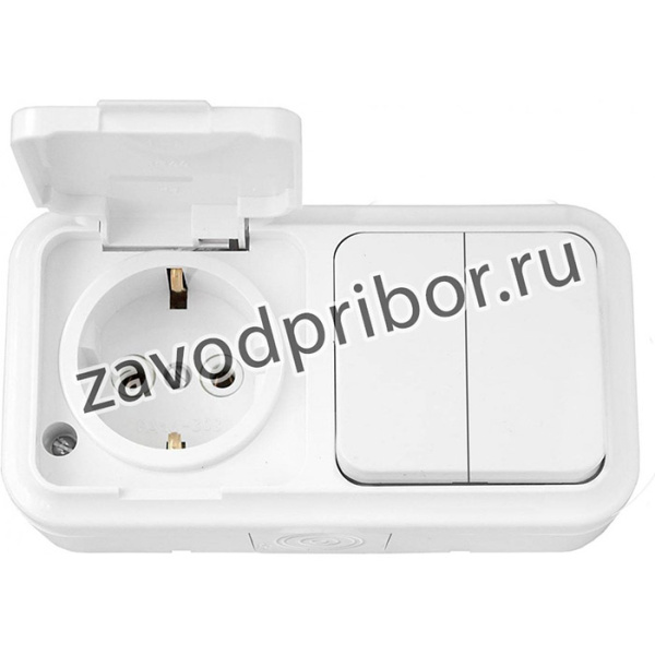 Блок 2 выкл. + роз с заз.конт. ОУ IP54, серия ПРАЛЕСКА АКВА, белый, 2В-РЦ-659