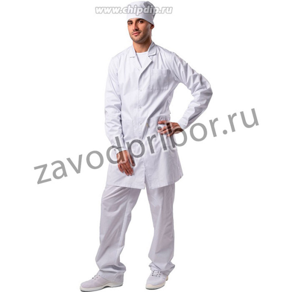 Антистатический халат мужской, укороченный, цвет - синий (тип ткани: D), знак ESD, размер 52-54, Рост 158-164