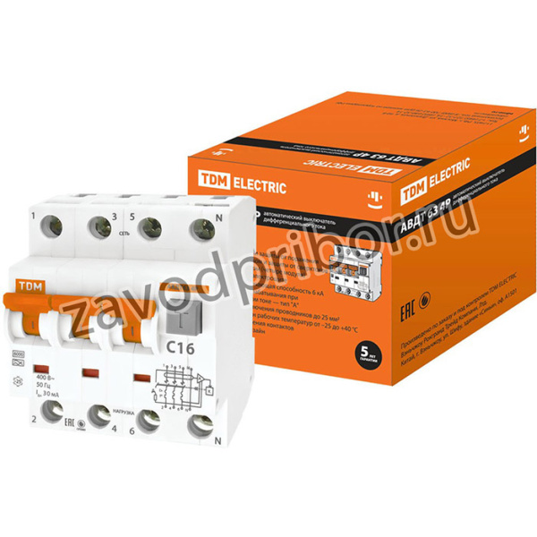 АВДТ 63 4P(3Р+N) C16 30мА 6кА тип А TDM