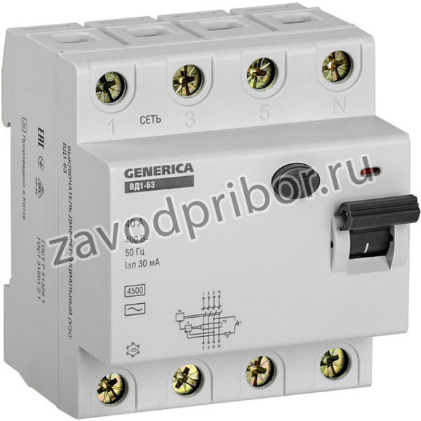 Выключатель дифф.тока УЗО IEK MDV15-4-040-030 ВД1-63 Generica 40A 4.5kA 30мА AC 4П 400В 4мод серый (упак.:1шт)