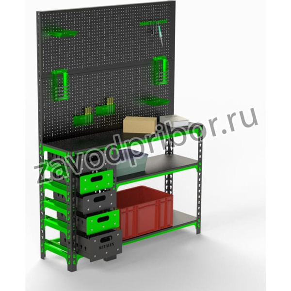 Стол-верстак Metalex c одной тумбой 950x1600x600 + двойная перфопанель с комплектом аксессуаров SVTIPRIIA951660