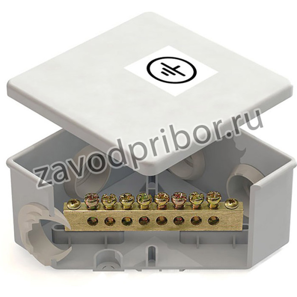 Коробка уравнивания потенциалов (КУП) 85х85х40мм, 6 гермовводов, с шиной 6х9 8груп, IP44, наклейка "заземление" | GE41360 | GREENEL