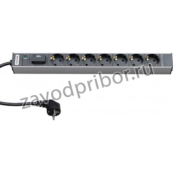 01 Блок розеток Hyperline, для 19" шкафов, горизонтальный, 7 розеток Schuko, индикатор питания, защита от перенапряжения , кабель питания 2.