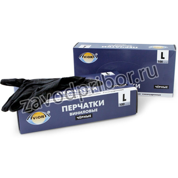 Перчатки виниловые черные, неопудренные, L, 100шт. в уп. 402-736