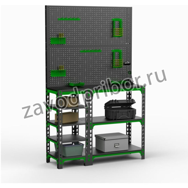 Стол-верстак 950x1700x400 мм, с боковыми полками, 2 перфопанелями и комплектом аксессуаров SVBPPRIIA951740