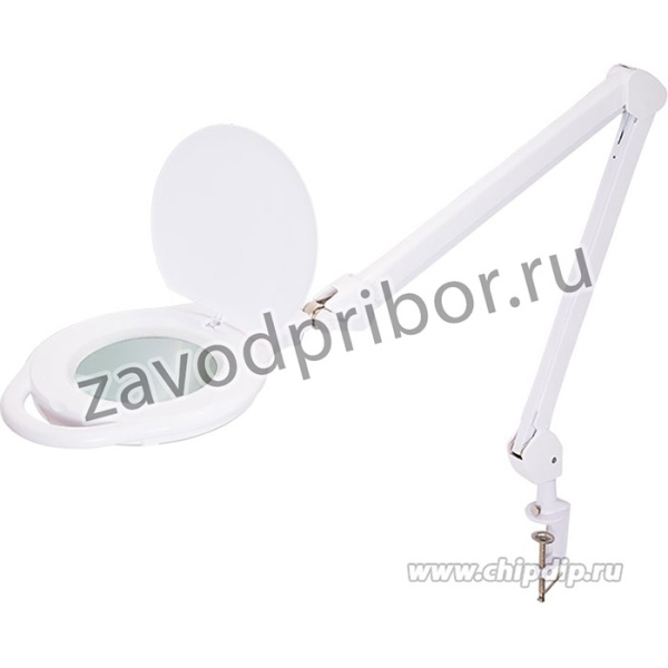 31-0535, Лупа на струбцине круглая 5D с подсветкой 96LED, ТЕПЛЫЙ и ХОЛОДНЫЙ СВЕТ, белая