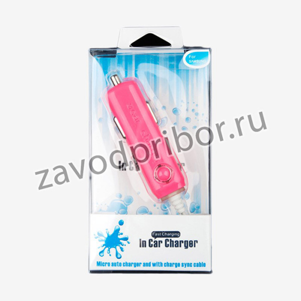 Автомобильная зарядка In Car Charger 1000мА Micro USB, розовая, коробка
