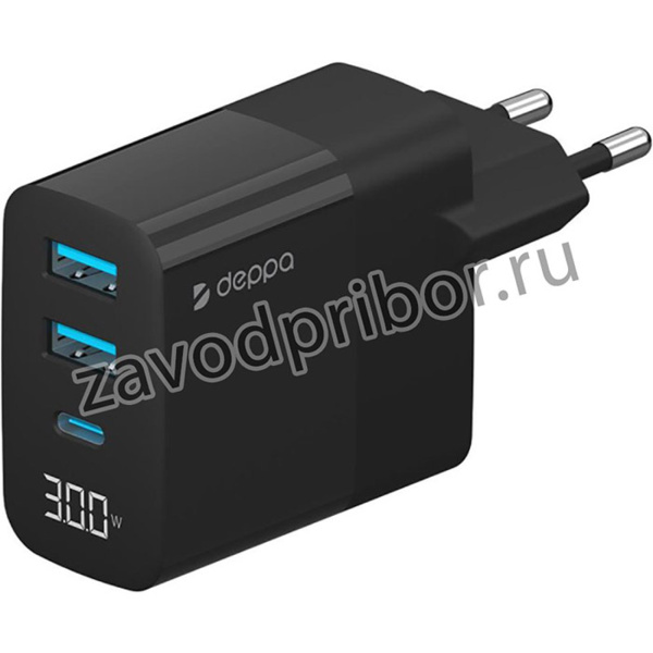 Зарядное устройство сетевое Deppa 2хUSB A+USB-C, PD, QC 3.0, 30W, черный