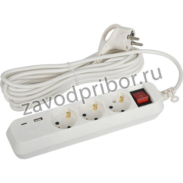 Удлинитель электрический ЭРА UB-3es-5m-USB c заземлением с выключателем 3 розетки + 1xUSBA+1xUSBC 5м 10А Б0052899