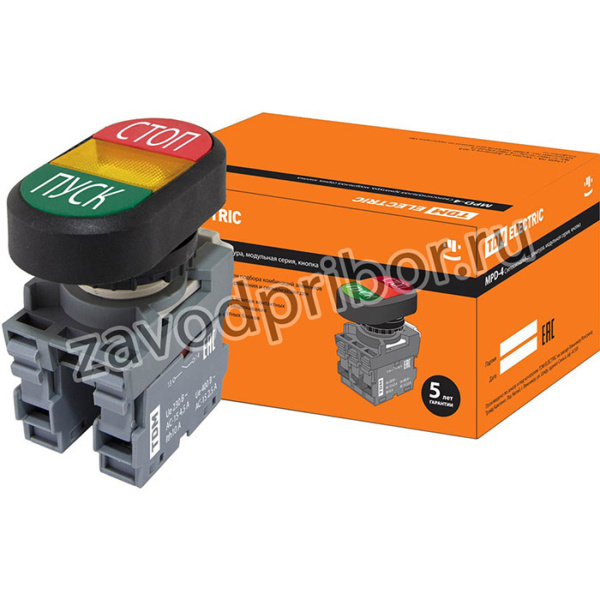 Кнопка двойная MPD4-11Y (зеленая/красная) (LED) в сборе d22мм/24В (ПУСК/СТОП) линза желтая TDM