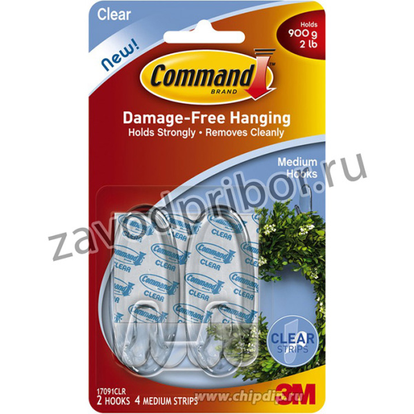 17091CLR Command прозрачный до 900гр. 2шт. (OBSOLETE), Крючок легкоудаляемый средний