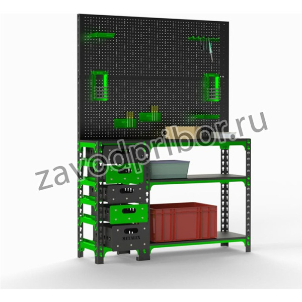 Стол-верстак 950x1100x500 мм, с боковыми полками, 2 перфопанелями и комплектом аксессуаров SVBPPRIIA951150