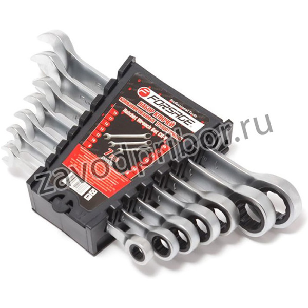 F-51072, Набор ключей комбинированных трещоточных, 7 пр: 8, 10, 12, 13, 14, 17, 19 мм, в пластиковом держател