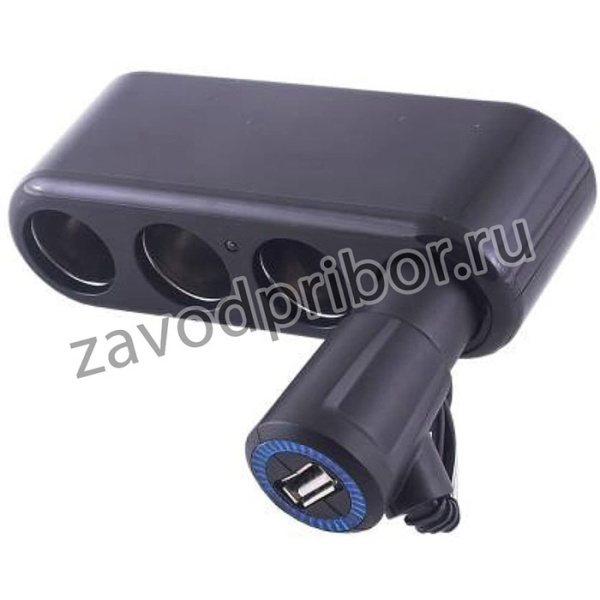 Разветвитель прикуривателя 4 гнезда + USB черный, предохранитель 10А, USB 1A S02301015