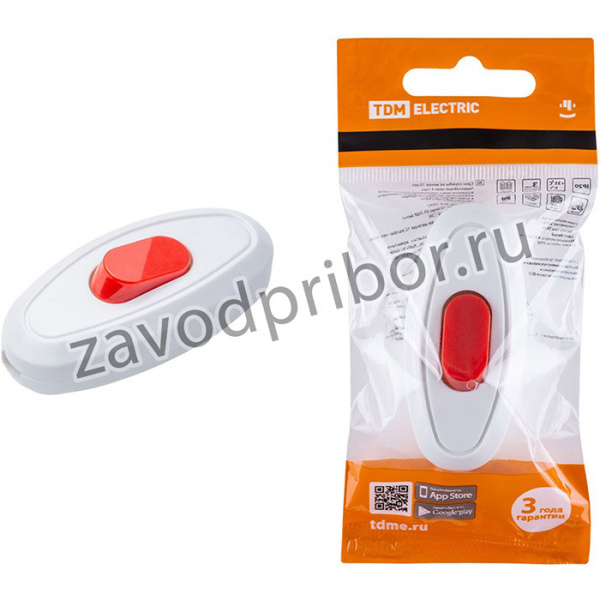 Выключатель на шнур 6А 250В белый с красной кнопкой TDM