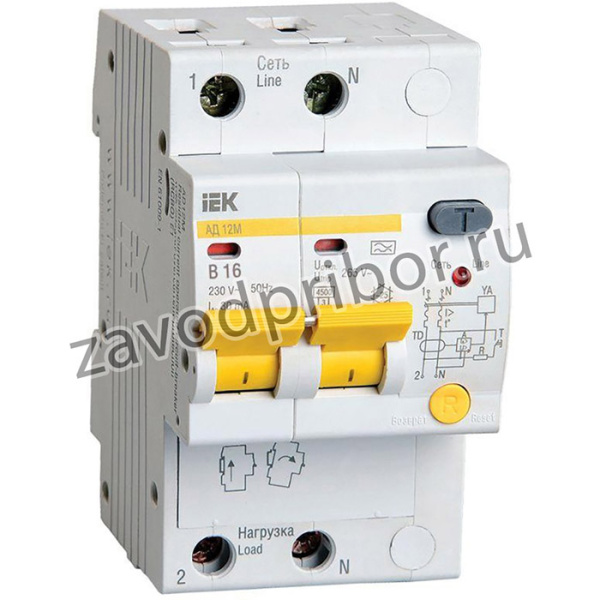 Выключатель автоматический дифференциального тока 2п B 16А 30мА тип A 4.5кА АД-12М IEK MAD12-2-016-B-030
