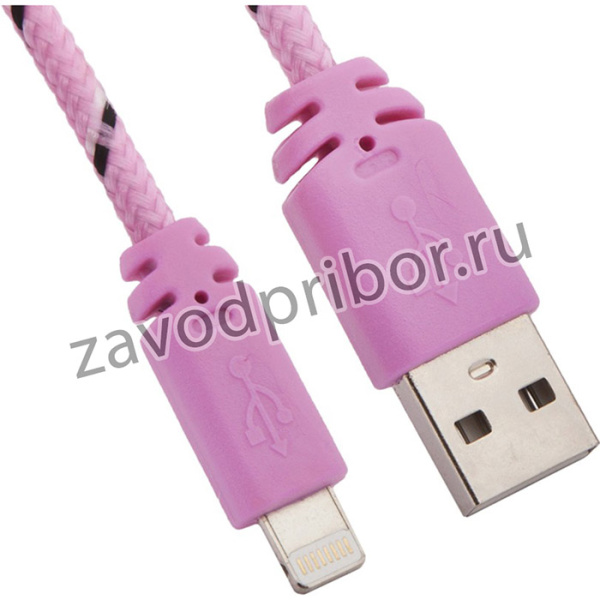 USB кабель для Apple iPhone, iPad, iPod 8 pin в оплетке розовый, черный, коробка LP
