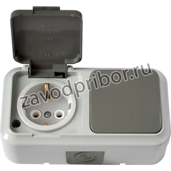 В-РЦ-657 (03), Блок 1 выкл. + роз с заз.конт. ОУ IP54, серия ПРАЛЕСКА АКВА, серый, В-РЦ-657 03