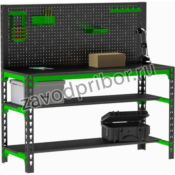 Металлический стол Metalex 750x1400x400 + две полки + перфопанель с комплектом аксессуаров SMMPIIPRIA751440