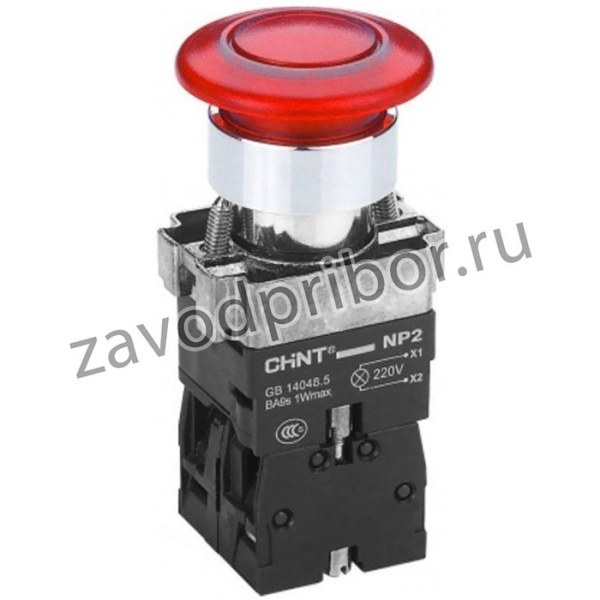 Кнопка управления "Грибок" NP2-BW4462 d40мм 1НЗ IP40 с самовозвратом с подсветкой красн. CHINT 575495