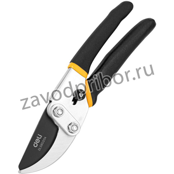 Секатор Deli DL580204 Размер 200 мм. Макс диаметр резки 15 мм. Сталь 55С. Термообработанная поверхность. Тефлоновая уплотнённая пластиковая