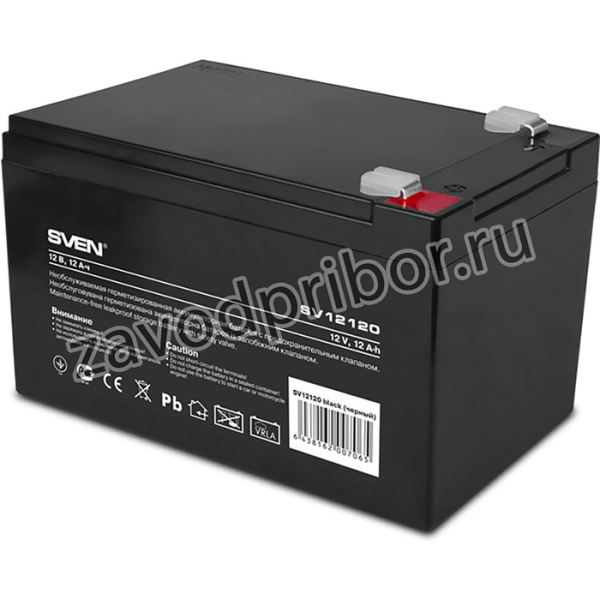 Sven SV-0222012, Батарея SVEN SV 12120 (12V 12Ah), напряжение 12В, емкость 12А*ч, макс. ток разряда 180А, макс. ток заряда 3.6А, свинцово-ки