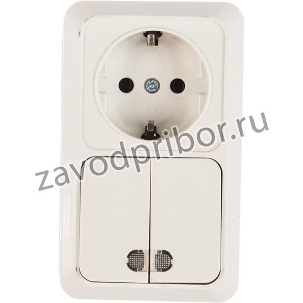 Олимп Блок Выкл. 2 кл.c подсветкой + розетка с/з верт. бел. О0041