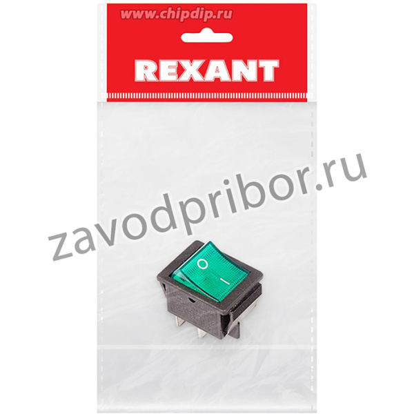 36-2332-1, Выключатель клавишный 250V 16А (4с) ON-OFF зеленый с подсветкой (RWB-502, SC-767, IRS-201-1) REXAN