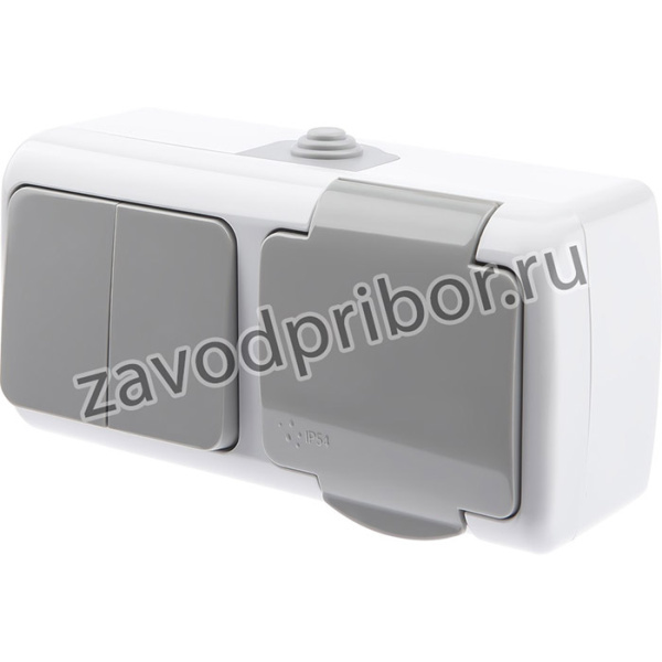 Блок розетка с выключателем Intro Atlantic 5-702-03 двойным 2P+E, 10(16)А-250В, открытой установки, IP54, серый