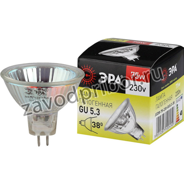Лампочка галогенная ЭРА GU5.3-JCDR (MR16)-75W-230V-CL GU5.3 75Вт софит теплый белый свет C0027366